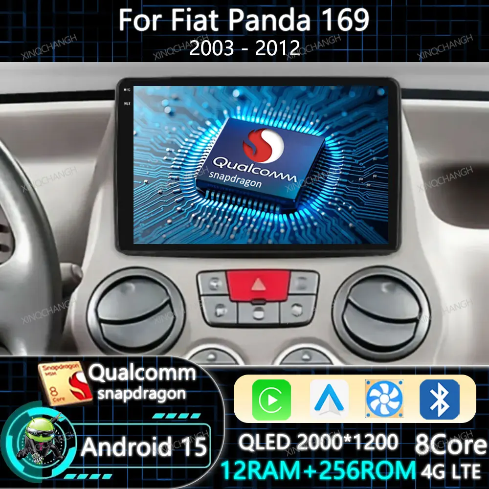 أندرويد 15 راديو السيارة Carplay السيارات لشركة فيات باندا 169 2003 2004 2005 - 2012 QLED 4G WIFI الملاحة GPS BT Qualcomm 2DIN BT GPS