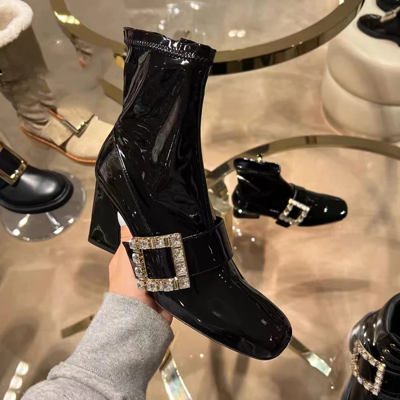 

Black Patent Leather Ankle Boots Women Crystal Big Buckle Chunky High Heels Chelsea Boots Street Fashion Trendy Shoes Botas