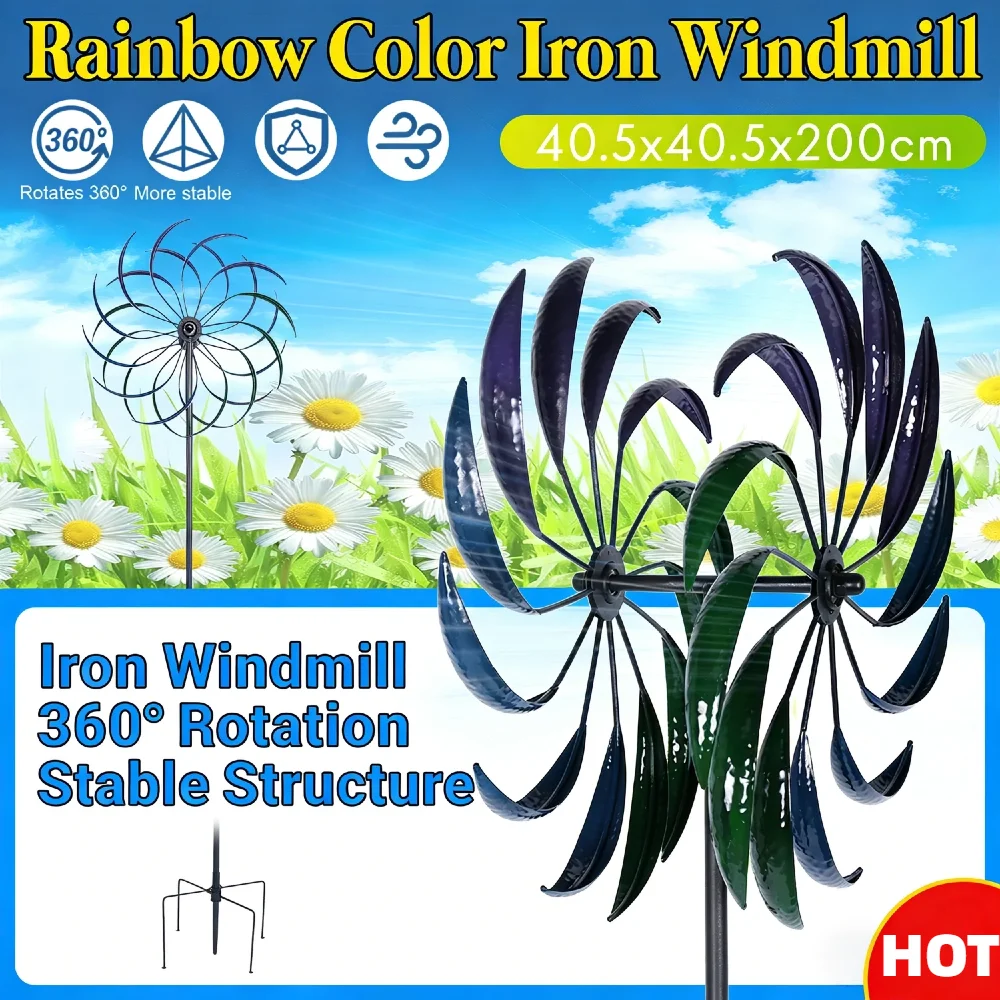 

Двухслойная ветряная мельница для общественного творчества радужного цвета на 360° ° Вращение Сильное ветроустойчивое украшение для двора с регулируемой высотой