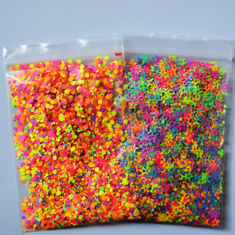 50g néon borboleta/ponto redondo/coração/hexágono glitter lantejoulas cor misturada halloween borboleta lantejoulas diy lantejoulas fluorescentes & * &