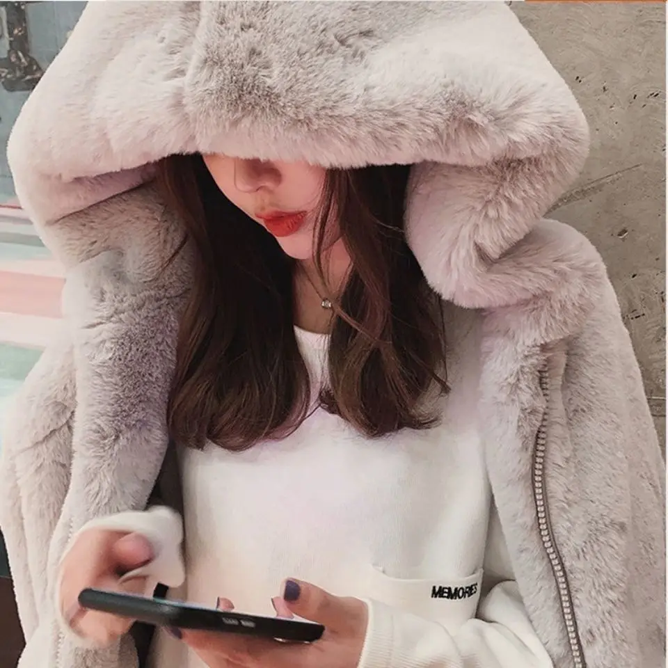 Winter Warm Thick Furry Overcoat Women Fashion All-match Plush Hooded Cardigan Faux Rabbit Fur Ladies Loose Clothing Coat