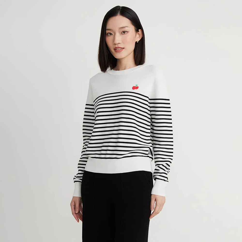 Womens Luxury Brand Pullovers Black White Striped Sweater Featuring Cherry Embroidery Design Ladys Fashion Crew Neck y2k Style