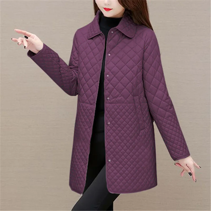 New Autumn Winter Women Diamond Grid Quilted Coats Fashion Oversized Female Korean Casual Thicken Warm Long Down Cotton Jackets