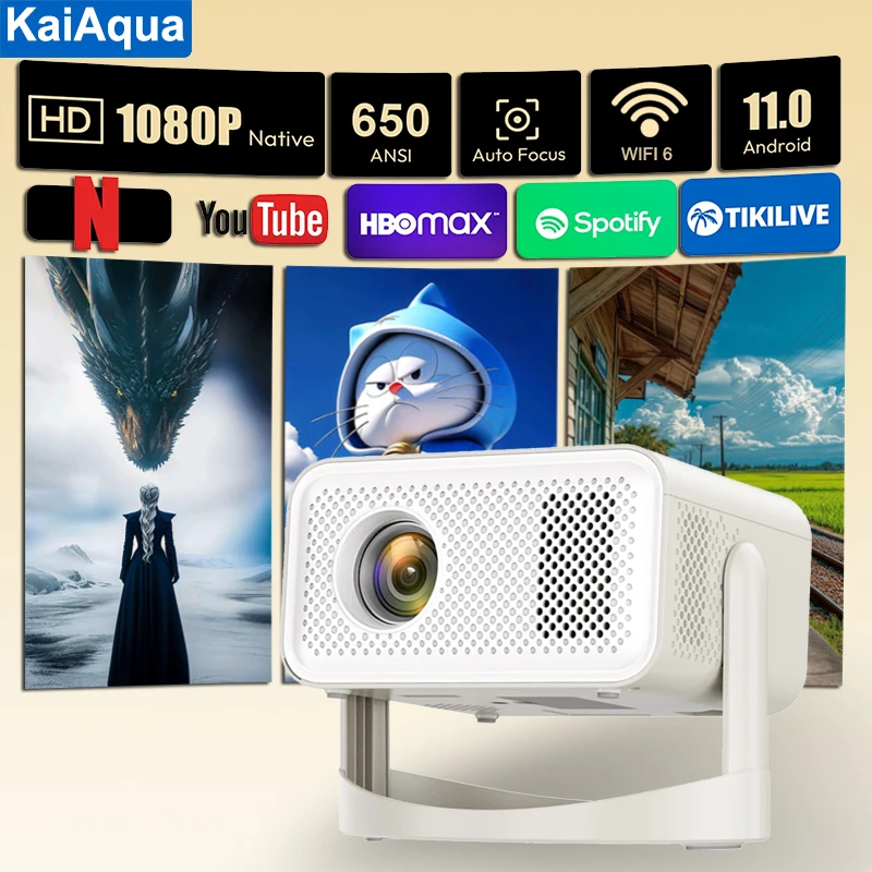 

KaiAqua HT23 Native 1080P 650ANSI 4K Android 11 360 ° Проектор с автоматической грозовой фокусировкой Keystone Air Mouse Wi-Fi6 BT5.2 Портативный для улицы
