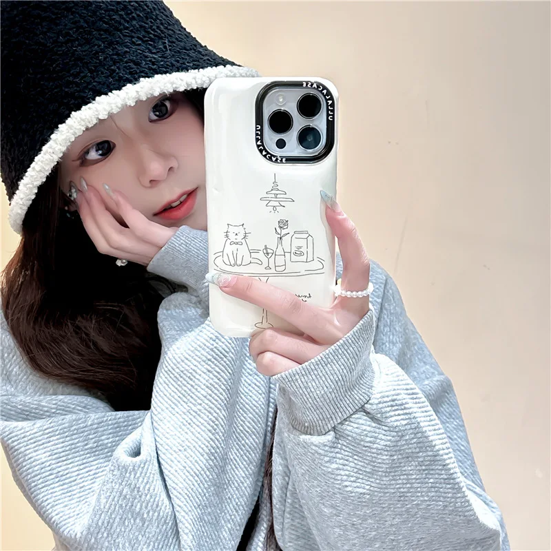 Warm And Fragrant Cartoon Line Illustration Cat Mobile Phone Case For IPhone 12 13 13ProMax 14 14Pro 14ProMax 15 15Pro 15ProMax