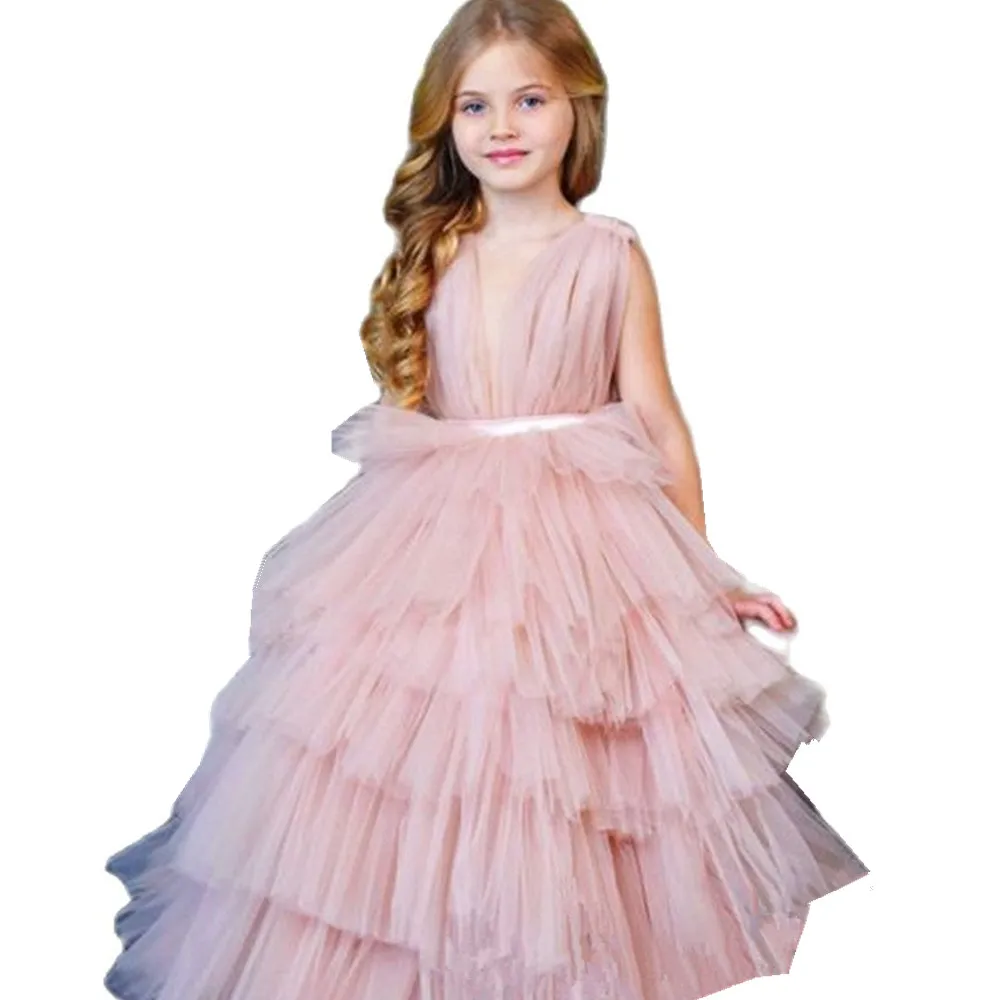 Vestido de baile hinchado para niña, vestidos de niña de flores, vestido de comunión con cuentas de encaje, fajas de tul, correas, vestido de baile, vestido de fiesta para niña