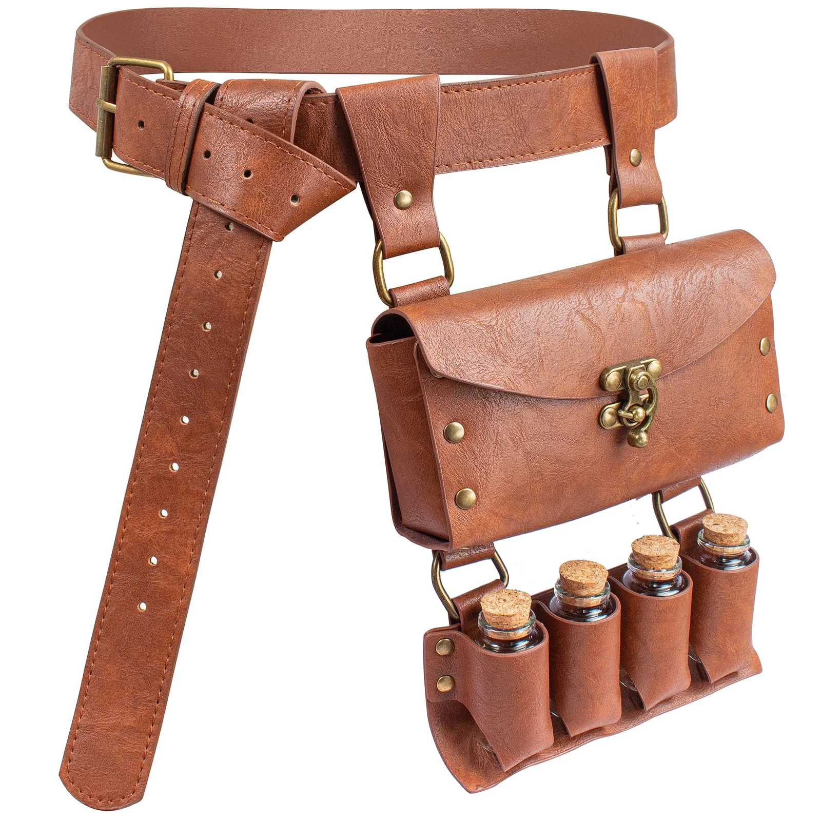 Medieval Retro Steampunk Studded Faux Leather Waist Bag for Coins and Necessities with 4 Glass Bottles for Outdoor Adventures