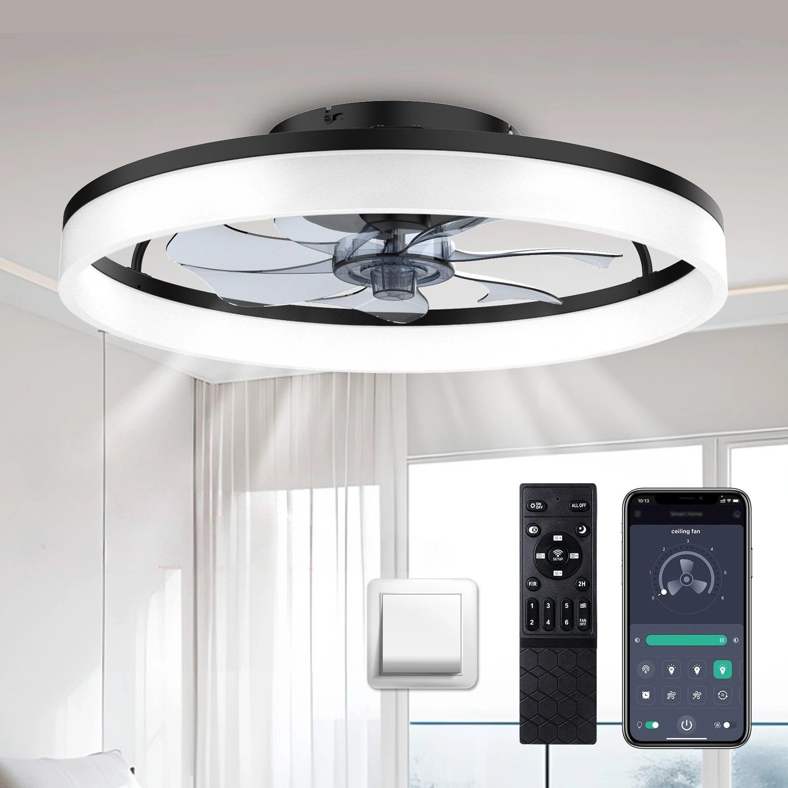APP Control Dimming Light Chandelier with Ceiling Fan Luxury Diamond Circle Pendant Lamp Living Room Bedroom Kitchen LED Lustry