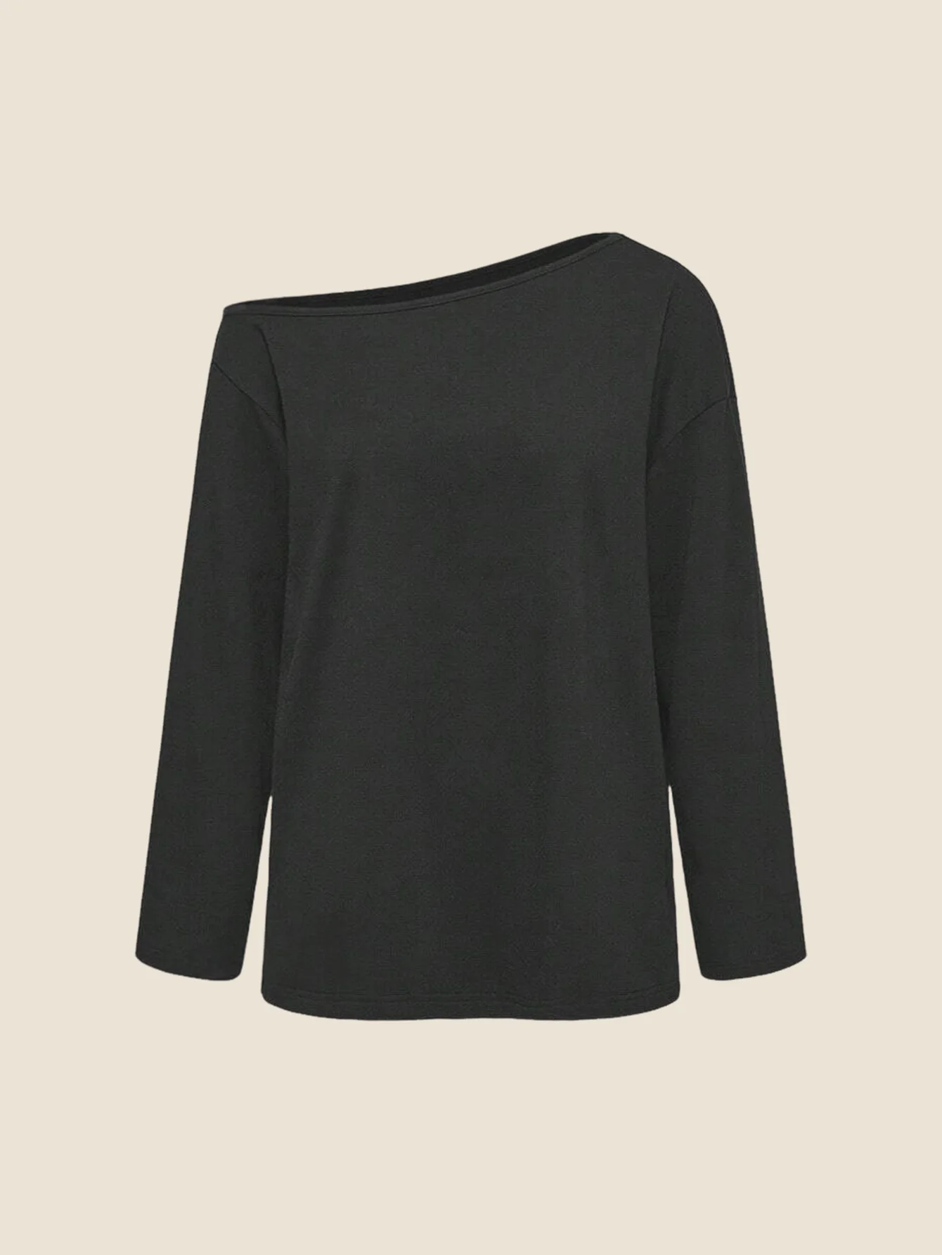 Slightly-sloped shoulder solid-color loose-fitting long-sleeved top - casual and simple base layer shirt - view 5