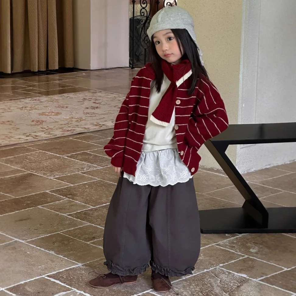 South Korea 2025 Autumn Children's Clothing Small and Medium Girls New Red Striped Knitted Sweater Cardigan Top Coat
