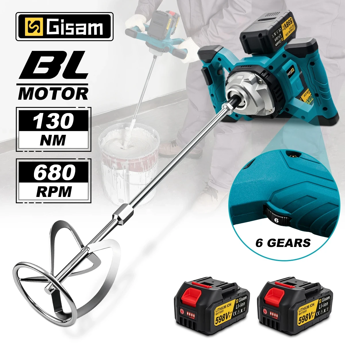 Gisam 6Speed Brushless Electric Concrete Mixer Cordless Cement Mortar Plaster Mixer Blender Paint Mix For makita 18v battery pin