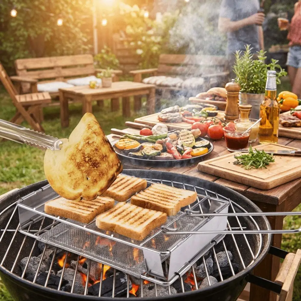 Versatile Stainless Steel Bread Toaster Bread Tray Folding Mesh Net Grill Long Handle Portable Barbecue Grill Backpacking Hiking