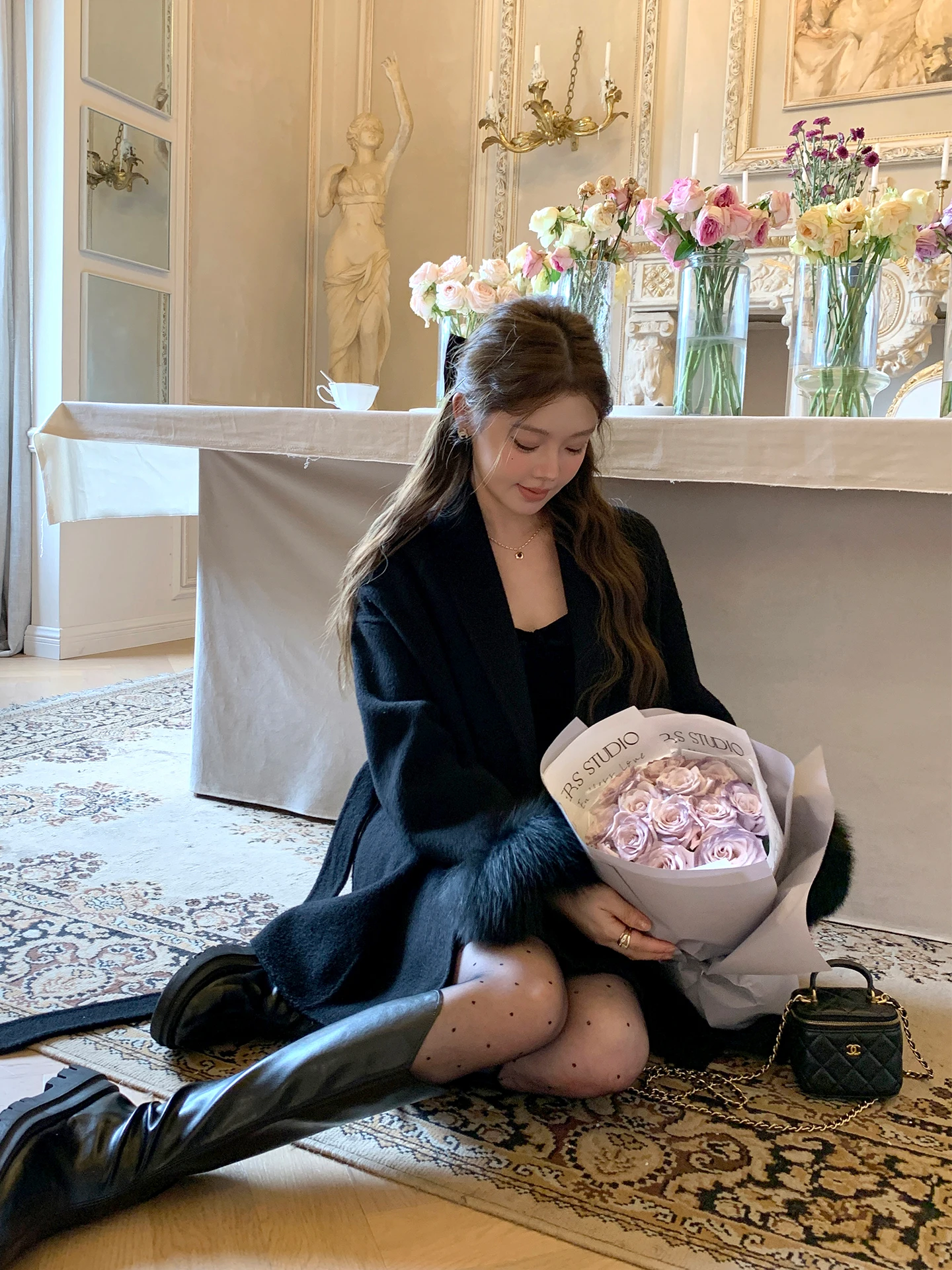 

MCHEEN2026 New Sle Double-Sided Woolen Coat Fur Collar Bla Women's Autumn Winter Hepburn Sle Small Size Wool Jaet