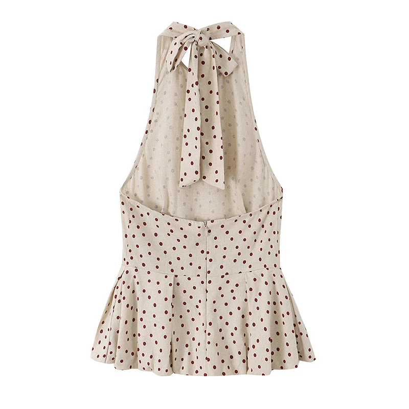 YENKYE New Women Polka Dot Balloon Top Sexy Backless Halter Summer Tops
