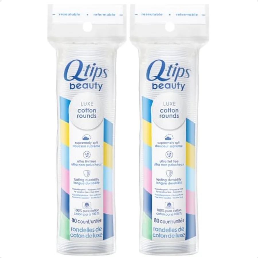 Qtips Beauty Luxe Cotton Rounds 80 Conteggio Confezione da 2 Dischetti struccanti ipoallergenici Entrance per la cura personale di bellezza