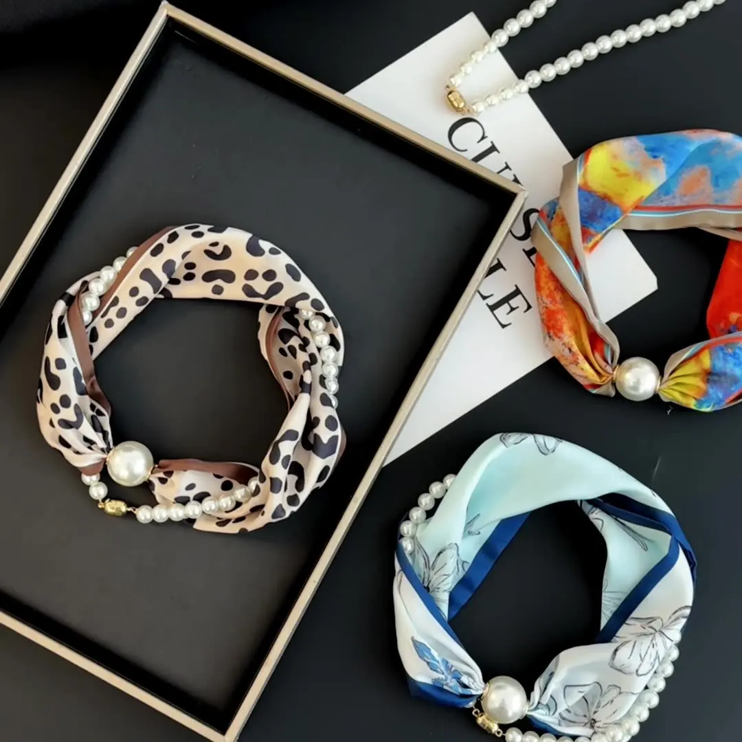 Printed Silk Scarf with Magnetic Clasp Pearl Details for Women Spring Summer Lightweight Neckerchief Daily Wear