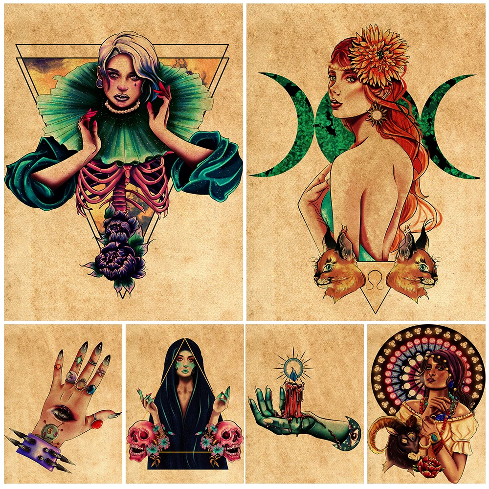 Vampire Raven Queen And Witch Hands Vintage Wall Art Canvas Painting Abstract Priestess Witchcraft Art Poster And Print Decor