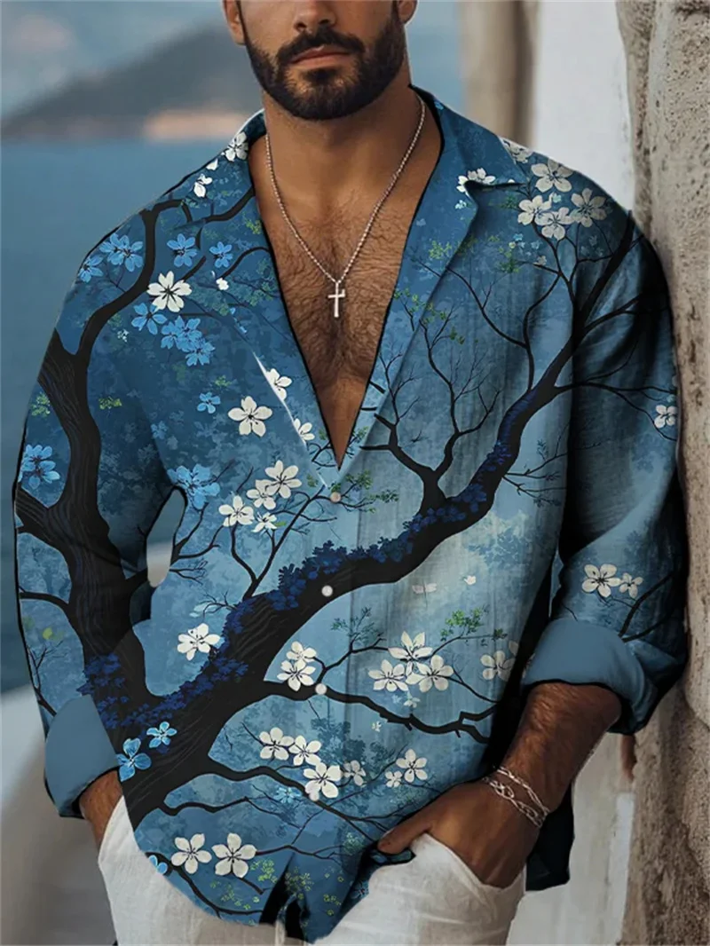 New Men's Vintage Casual Long Sleeve Shirt Fashion Flowers High Quality Simple Linen 3D Bird Art Printed Shirt Top