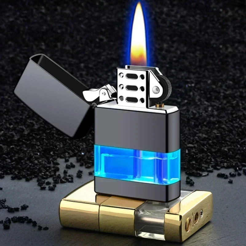 Cool LED Cigarette Lighter Grinding Wheel Lighters Windproof Flame Butane Gas Torch Lighter Metal Smoking Accessories Men\'s Gift