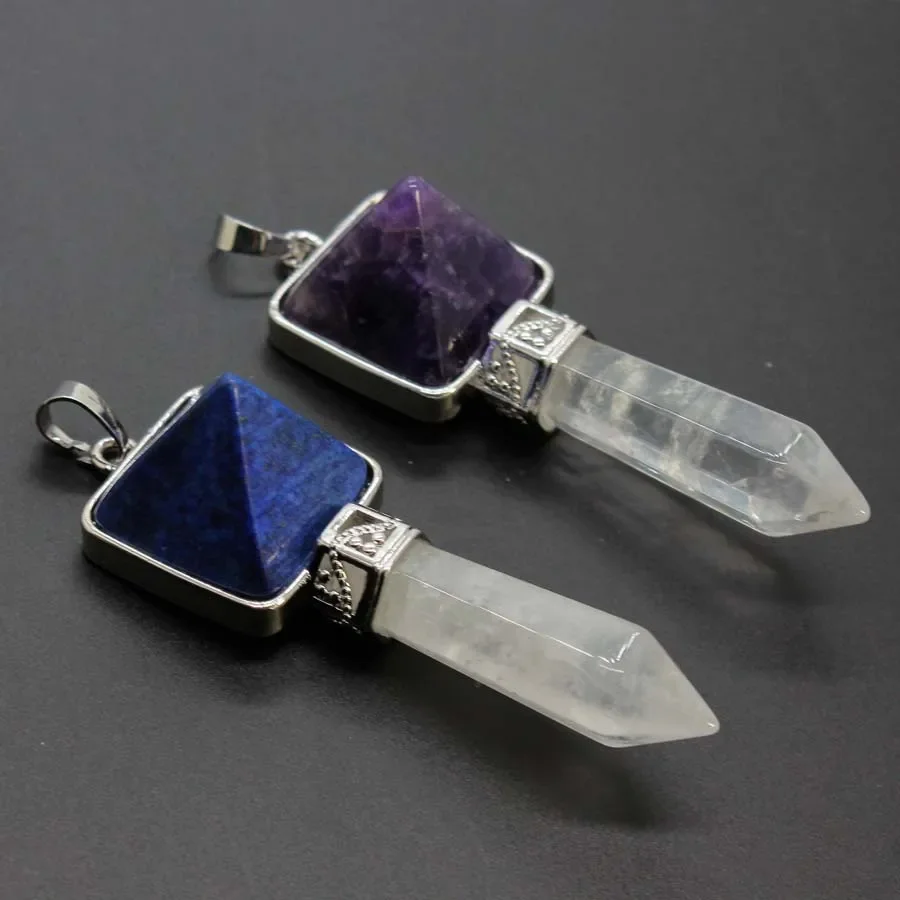 Rock Crystal Hexagon Prism Stone Pendant For Necklace DIY Natural Healing Amethyst Quartz Lapis Lazuli Pendant Jewelry No Chain