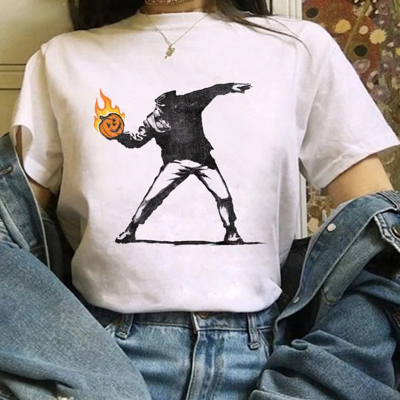 

Ladies' Printed Burning Pumpkin Pattern T-Shirt Casual White Short Sleeved O-Neck Cartoon Printed Trendy Clothes Top T-Shirt