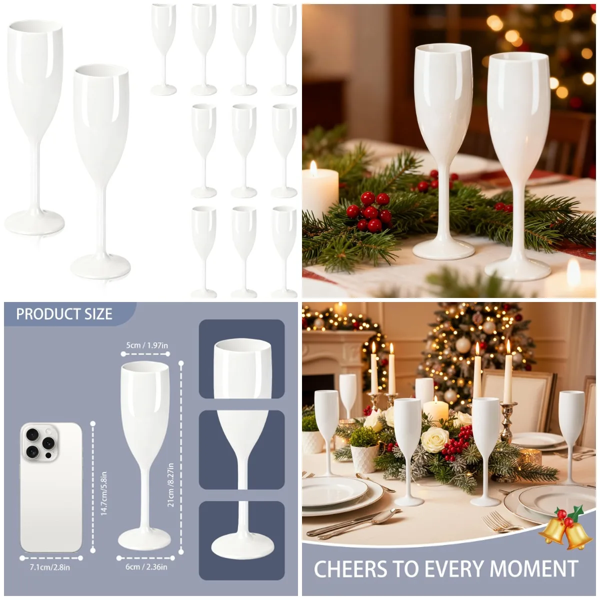 

12Pcs White Acrylic Champagne Flutes, Shatterproof Reusable Toasting Glasses for Wedding, Birthday, Christmas