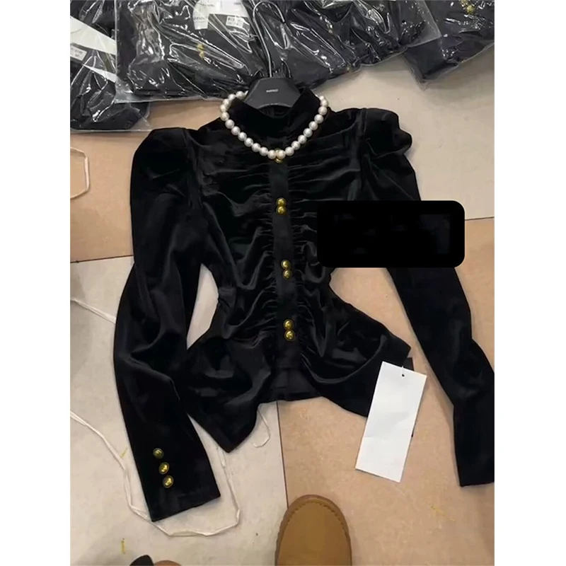 MEXZT camicie Vintage in velluto nero donna eleganti pieghe ritagliate camicette Office Ladies coreano Puff manica lunga pieghe Chic top