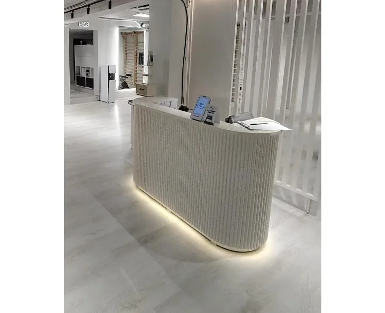 Modern Curved Reception Desk with LED Light Beige Wave Front Desk for Beauty Salon Nail Shop Spa Commercial Furniture