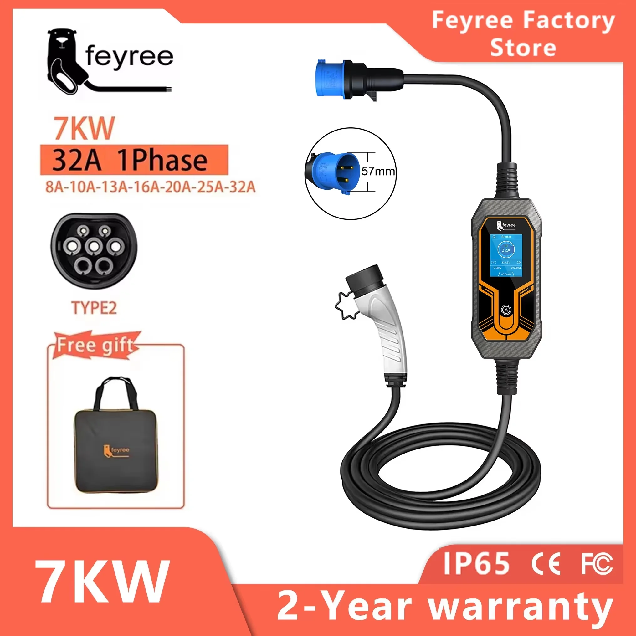 Chargeur EV portable Feyree, type 2, 7 kW, 32 A, monophasé, câble de 5 m, prise CEE, boîte de charge EVSE pour véhicule électrique, chargeur de voiture