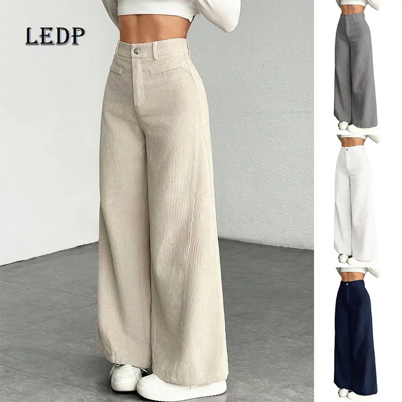 

European And American 2025 Autumn Winter New Corduroy Ribbed Women's Clothing Casual Wide-leg Loose Straight Trousers Ladies
