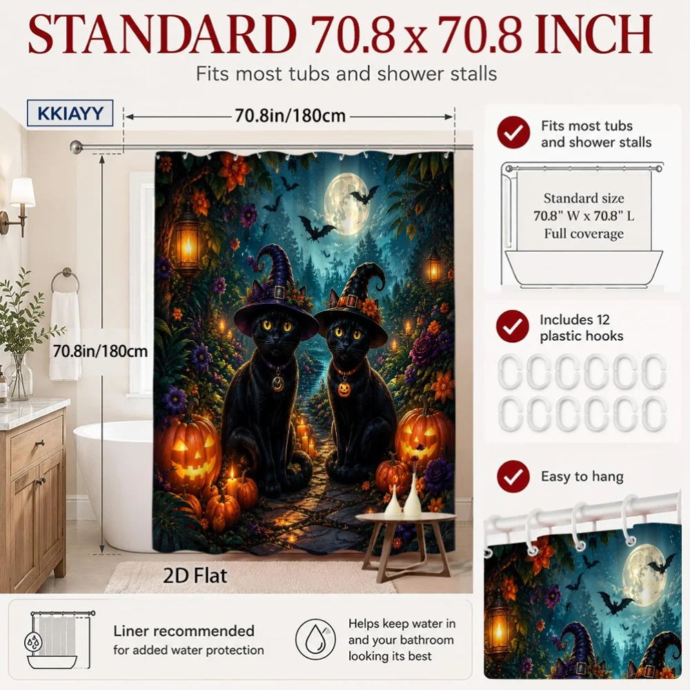1pc Halloween Black Cat Witch Hat Full Moon Pumpkin Jack O Lantern Bat Vintage Floral Forest Shower Curtain Polyester Fabric Bat