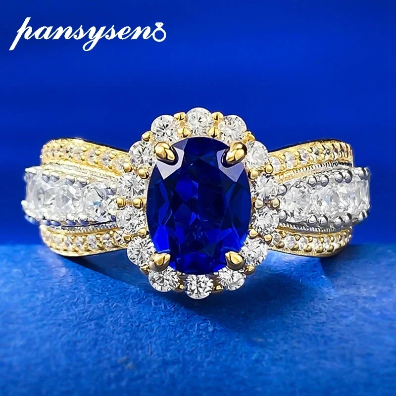 PANSYSEN Luxury 925 Sterling Silver 6*8MM Oval Sapphire High Carbon Diamond Gemstone Cocktail Party Rings for Women Fine Jewelry