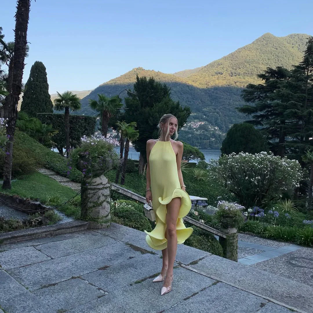 

Fashionable Yellow Summer Maxi Dress Sexy Irregular Ruffled Layers Prom Gowns 2025 Long Beach Vocation Dresses Vestidos de Gala