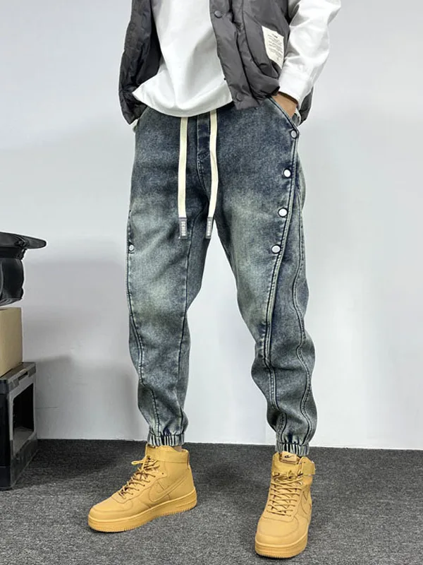

Retro Washed Blue Men's Jeans Spring Autumn Loose Cuffed Harem Pants Stylish Casual Trousers with Buckle Decorative Buttons