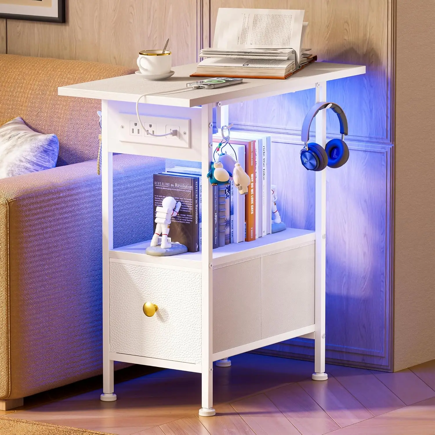 Narrow Nightstand LED Charging Station Fabric Drawers Bedroom Dorm Small Space End Table White, Customized