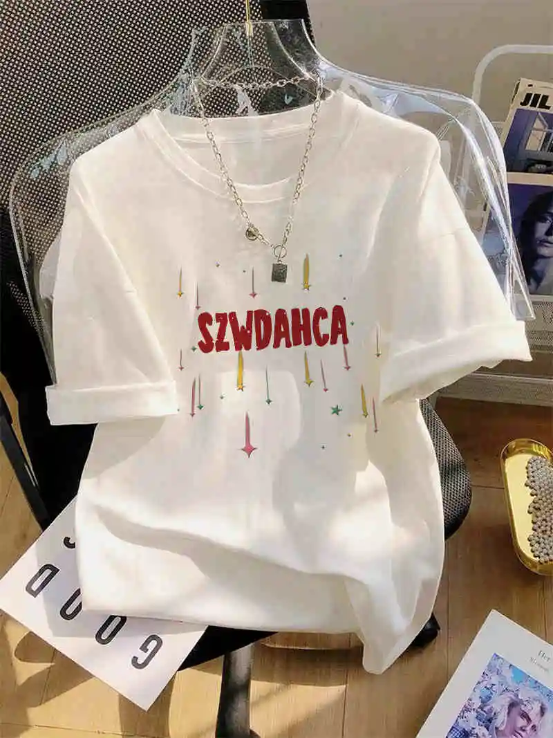 White Meteor Printed Short Sleeve T-shirt Women Summer Loose Design Sense Temperament Top Harajuku Versatile Couple's Tees