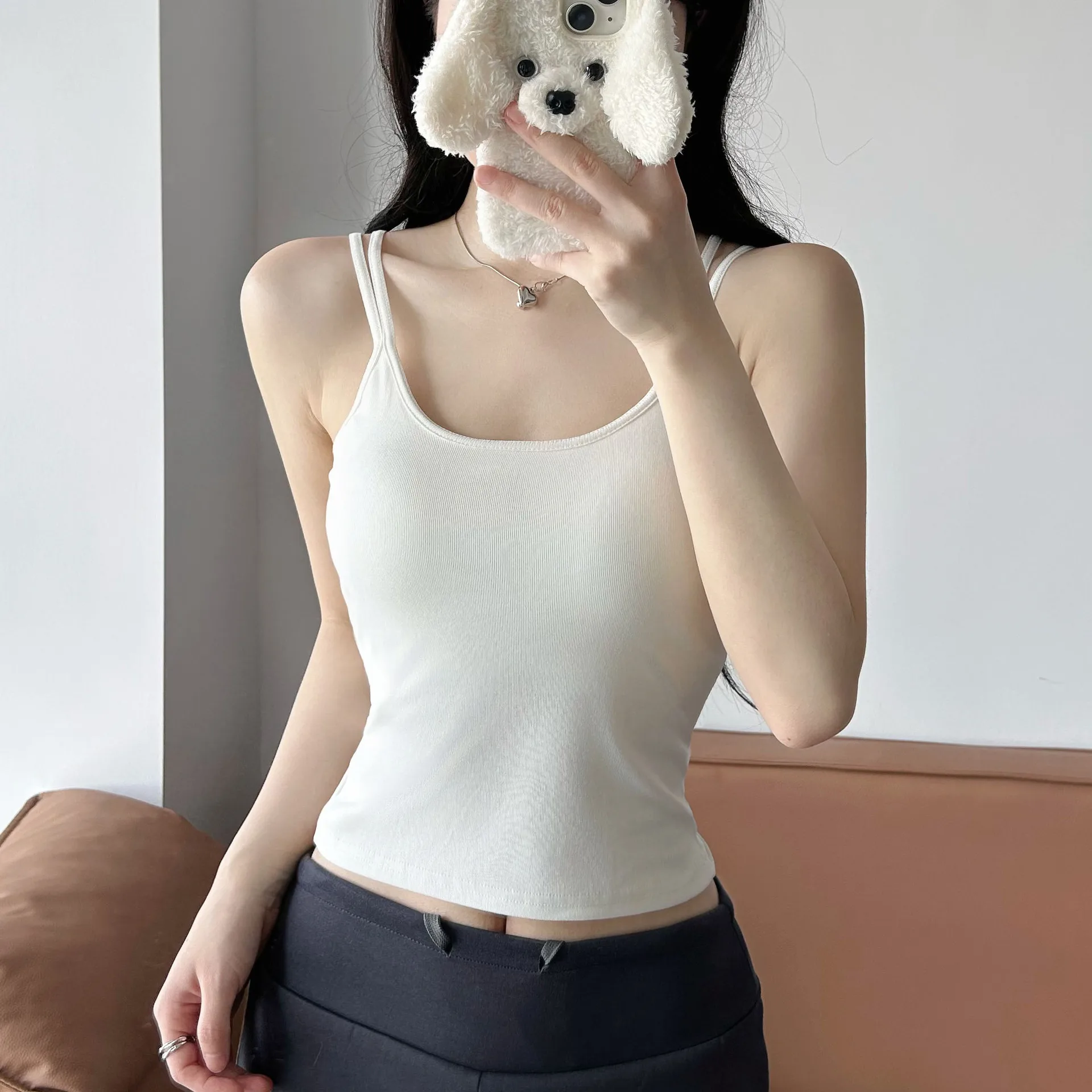 Women Double Strap Tank Top with Chest Pad Cotton Slim Fit Short Sweet Summer Camisole Vest