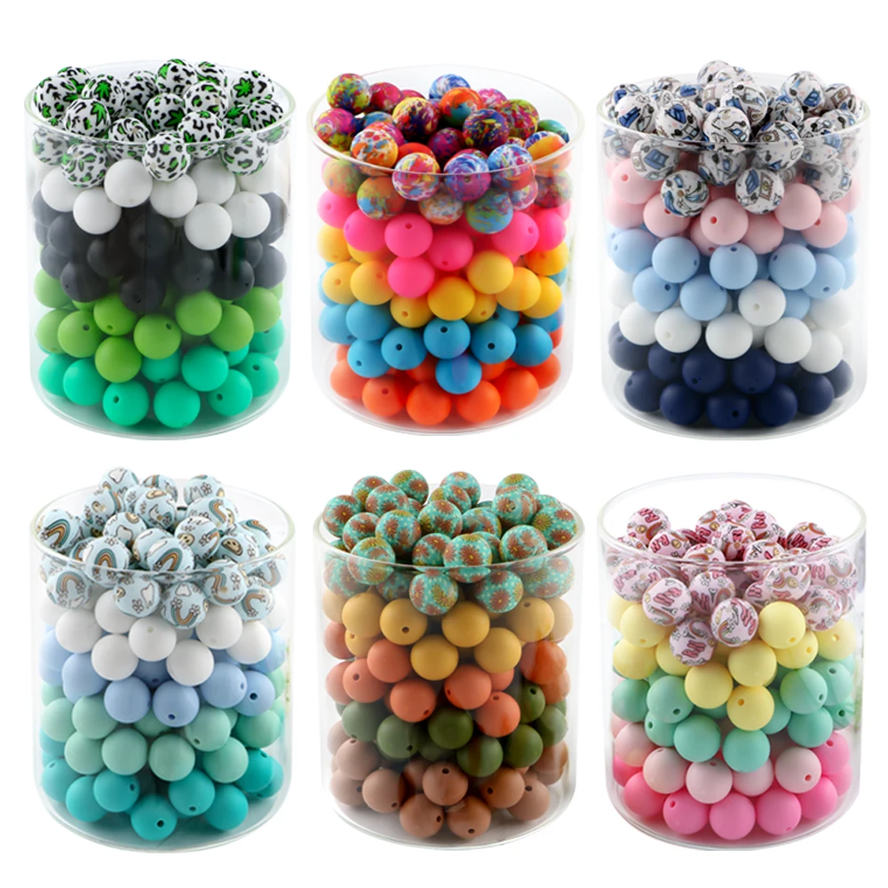 

Kovict 25Pcs/Lot New Printed Round Silicone Bead 15mm Kits To make Bracelet DIY Necklace KeyChain Accessorie For Jewelry Making