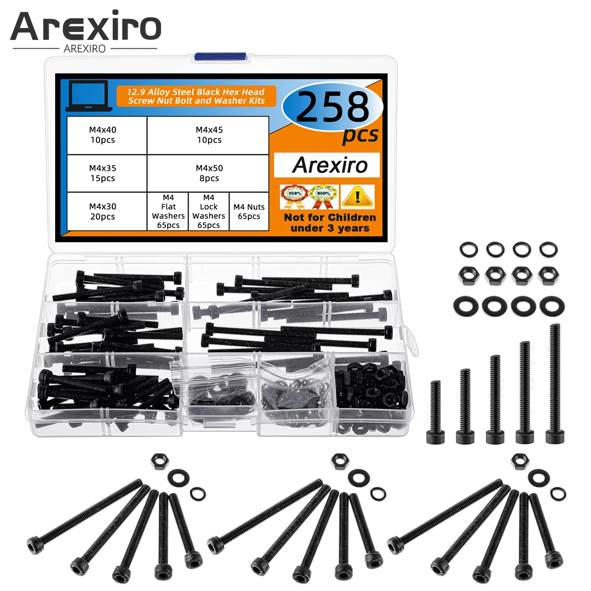 

258 шт. винты M4 M4 x 30/35/40/45/50 мм, винт, метрический болт, комбинированный гаечный болт, комплект болтов 12,9, легированная сталь, черные винты, гайки, болты, шейкеры