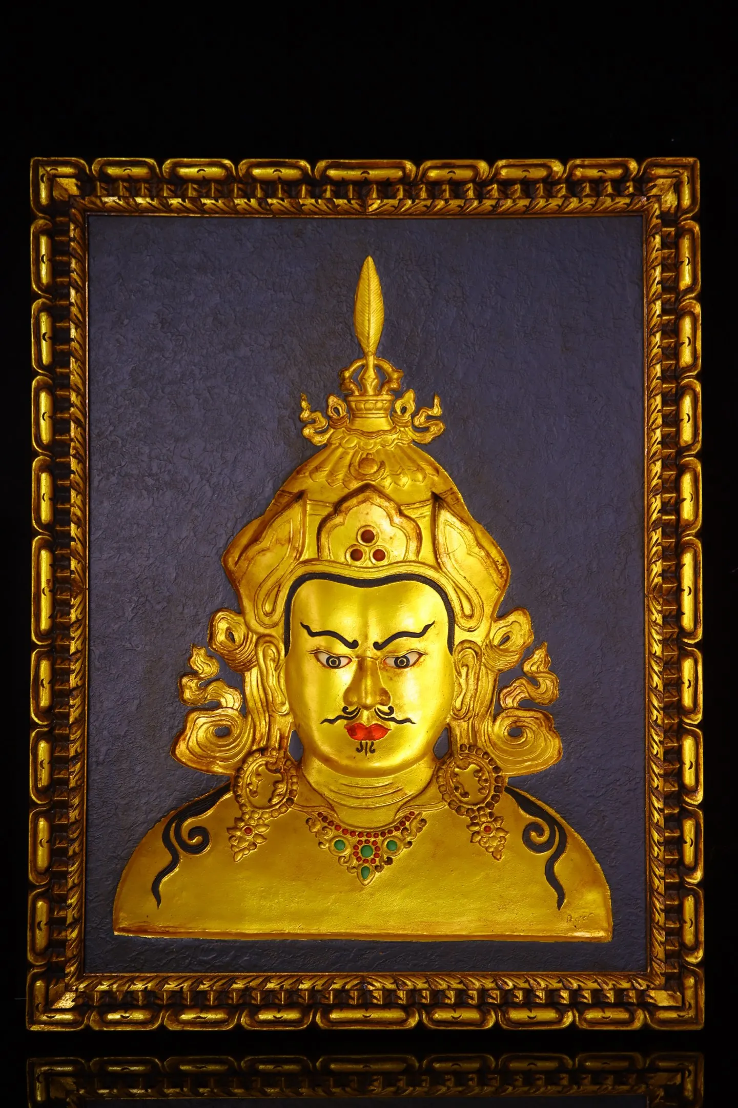 

25"Tibetan Temple Collection Old Bodhi Root Wood Outline in gold Padmasambhava Buddha Head Thangka hanging panel Worship Hall