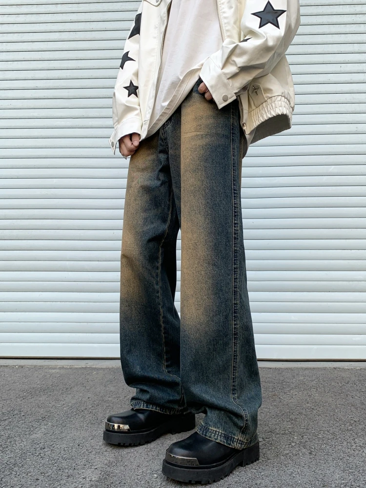 Dark Blue American vintage Jeans Men's Autumn Tall Wear Jiangsu, Zhejiang and Shanghai Pants Straight Wide-Leg Pants