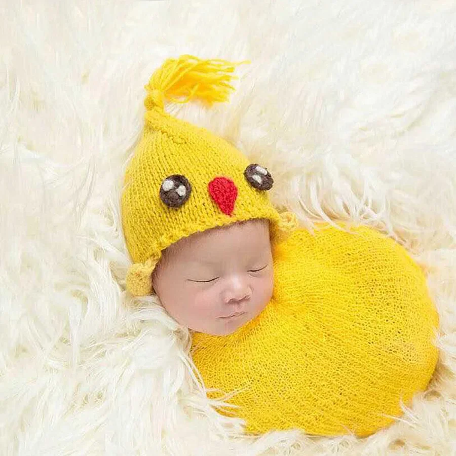 

New Children's Photography Hat Handmade Woolen Knitted Baby Cartoon Yellow Hat Set Childrens Photography Clothing 신생아사진