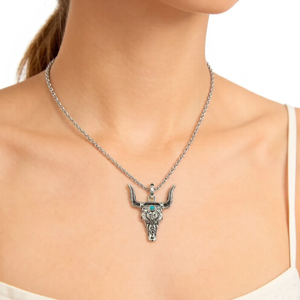 Pendant Bull Head Summer Fashion Iconic Wild West Jewelry Turquoise Accessorie 925 Sterling Silver Ethnic Gift For Woman Men