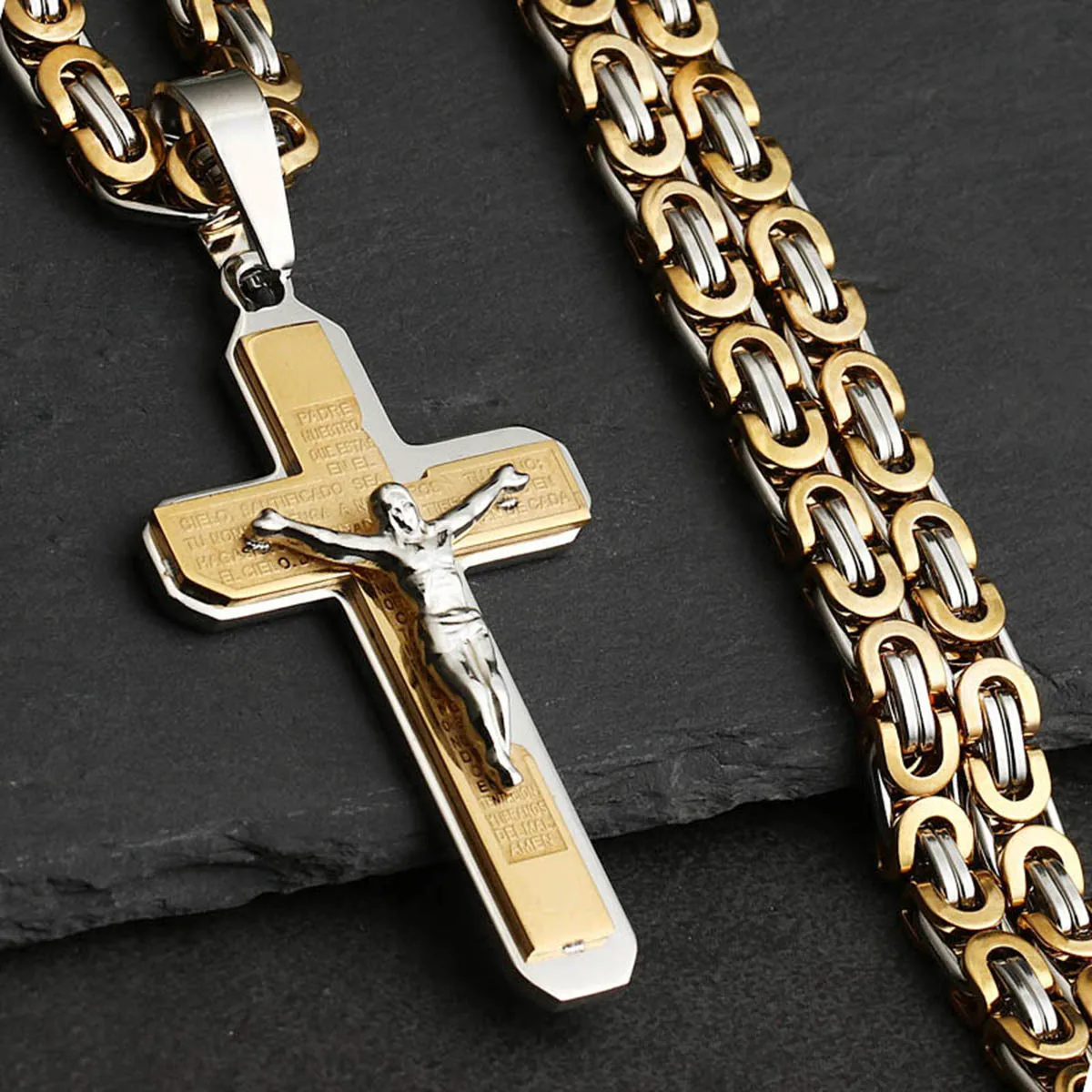 Christliches Kruzifix Jesus Christus Kreuz Halskette mit Bibel Edelstahl Byzantinische Kette Halskette Taufe Gebet Schmuck Männer – Detail 7