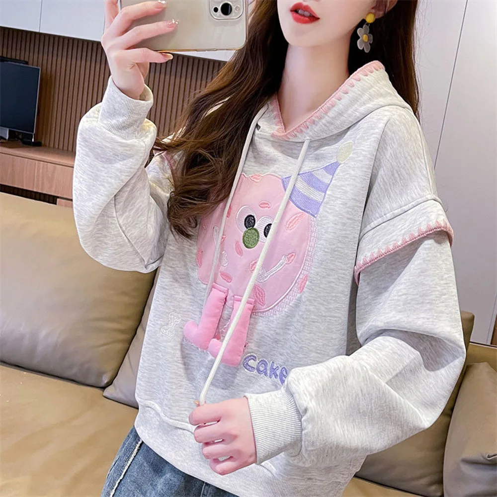 

Y2k Cute Sweatshirts Woman 2024 Thicked Cartoon Embroidery Hoodies for Women Long Sleeve Hooded Oversized Tops Ropa Mujer Casual