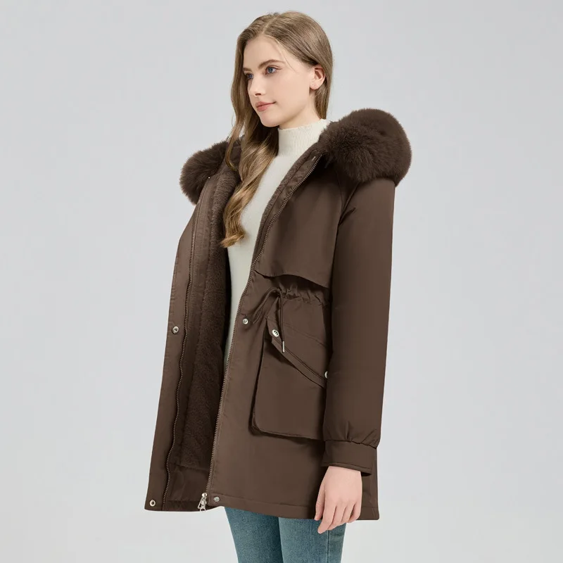 Veelzijdig katoenen gewatteerd damesjack met capuchon, middellange afneembare 2025, wintermodieuze bovenkleding voor dames