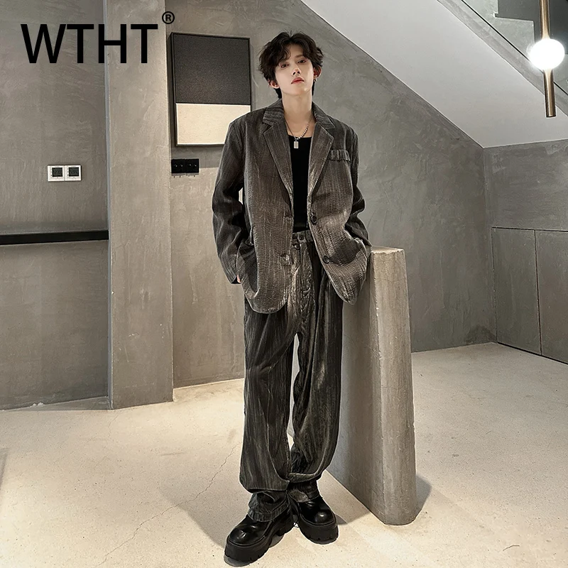 

WTHT модный осенний мужской костюм 2025 года, однобортный однобортный однотонный свободный костюм с высокой талией, широкие брюки, комплект мужской 2A2209