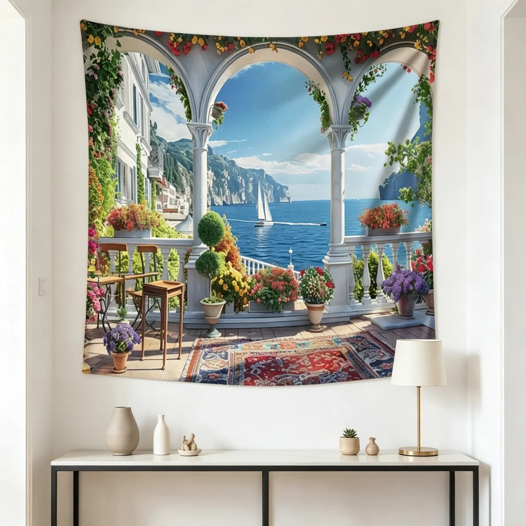 1PC Arch Ocean View Print Backdrop Banner, Bedroom Living Room Photo Background, Polyester Wall Hanging, Home Decor, Wall Art