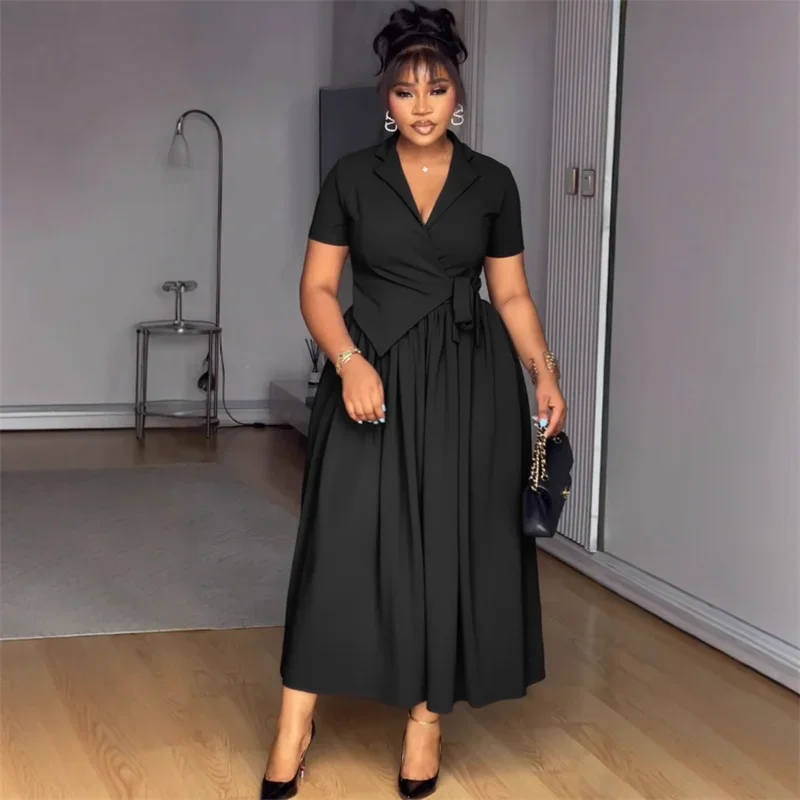 فستان طويل أنيق على شكل حرف a من Doyerl للنساء ملابس للنادي والحفلات بخصر عالٍ ورباط وياقة مدببة فساتين طويلة فيستدو عتيقة