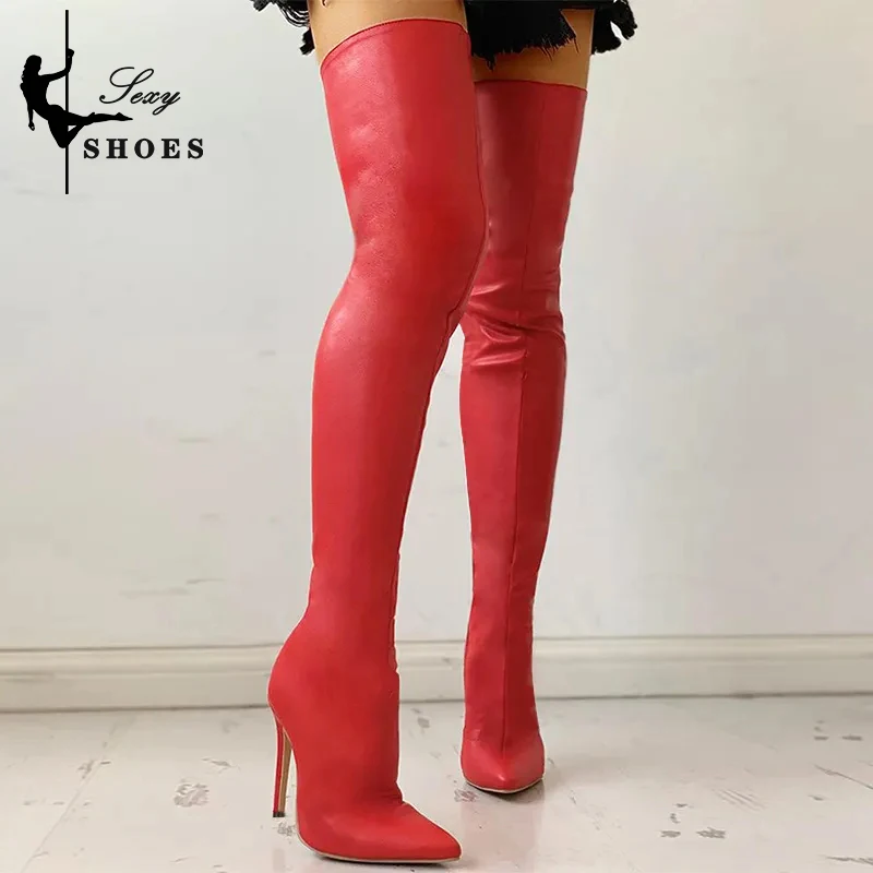 Women Boots Matte Black Pointy Toe Thigh High Long Boots Autumn Winter Zip Over-the-Knee Boots Party Shoes Plus Size 46 Stiletto